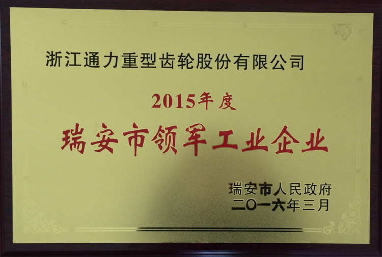 浙江通力被授予2015年度瑞安市領軍型企業(yè)